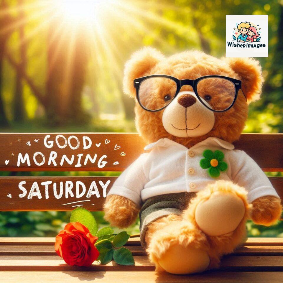 200+ Good morning Saturday free whatsapp images download 138 Good morning Saturday free whatsapp images download A cute teddy bear reclining on a wooden bench An orange flower rests on the bench ()