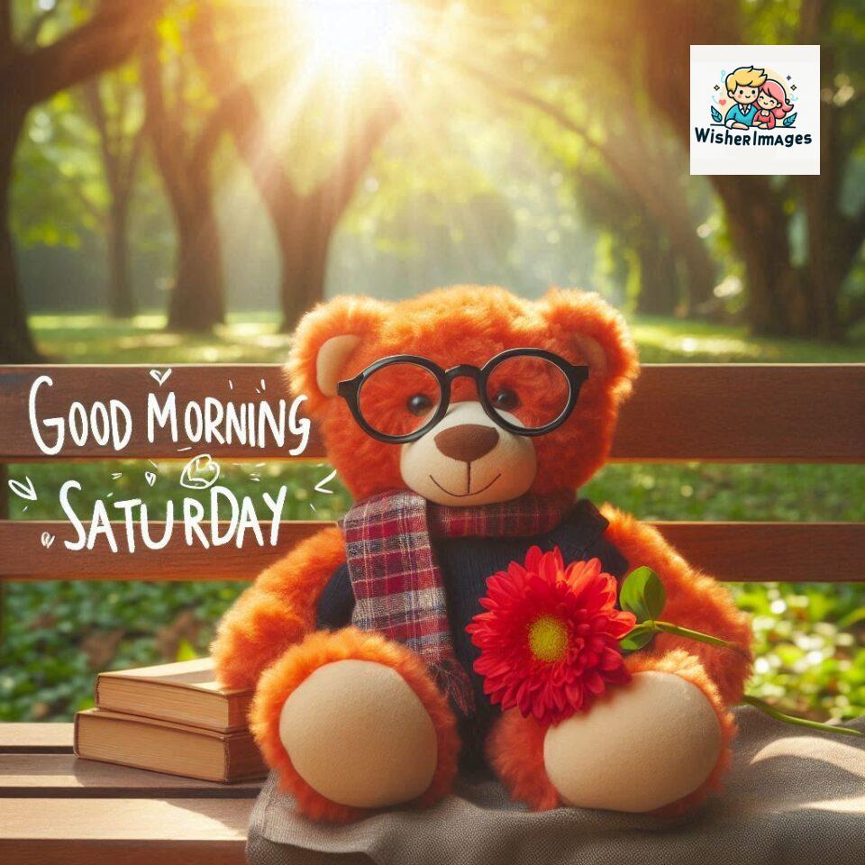 200+ Good morning Saturday free whatsapp images download 47 Good morning Saturday free whatsapp images download A cute teddy bear reclining on a wooden bench An orange flower rests on the bench ()