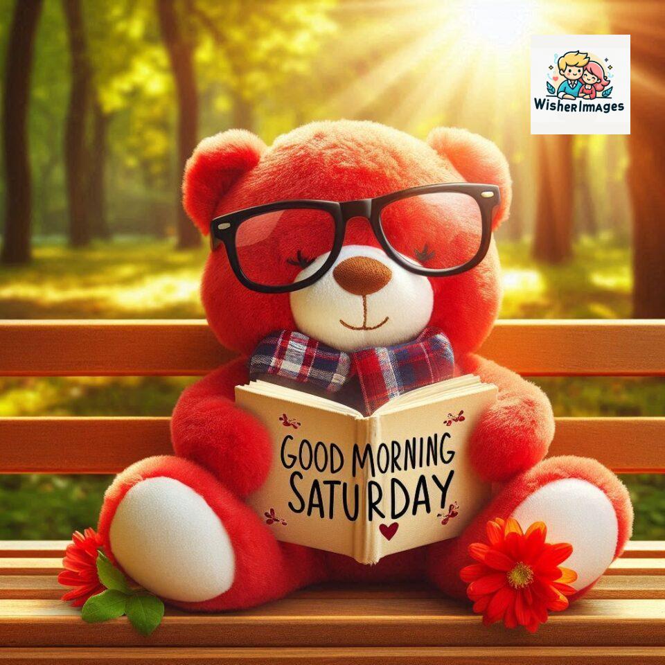 200+ Good morning Saturday free whatsapp images download 57 Good morning Saturday free whatsapp images download A cute teddy bear reclining on a wooden bench An orange flower rests on the bench ()