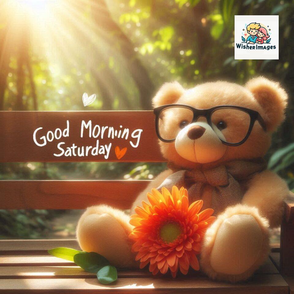 200+ Good morning Saturday free whatsapp images download 14 Good morning Saturday free whatsapp images download A cute teddy bear reclining on a wooden bench An orange flower rests on the bench ()