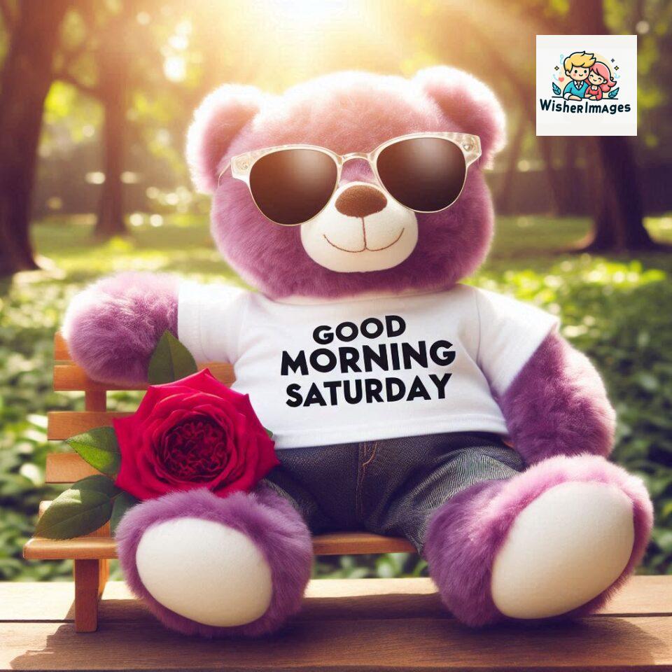 200+ Good morning Saturday free whatsapp images download 185 Good morning Saturday free whatsapp images download A cute teddy bear reclining on a wooden bench An orange flower rests on the bench ()