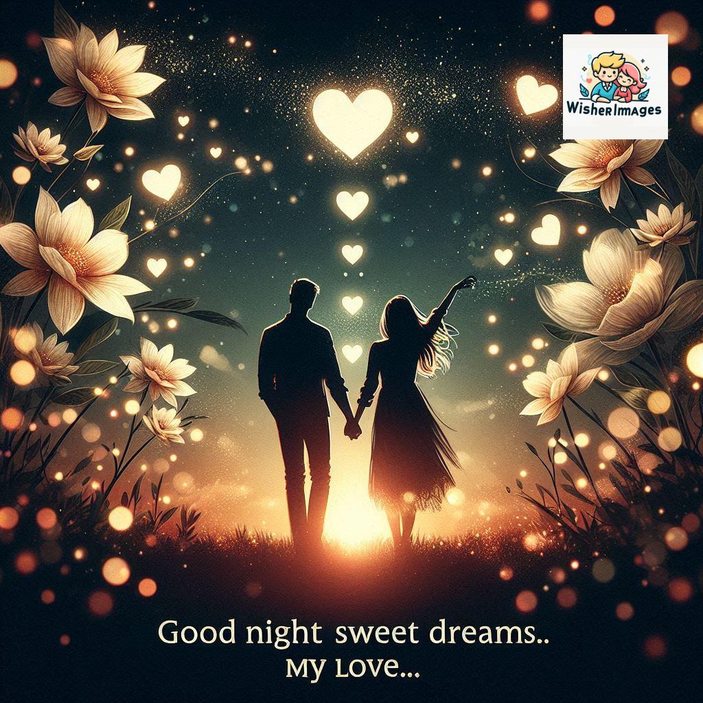 Good night love images with couple is holding hand eachother many heart is placed around the couple with night vibes ()