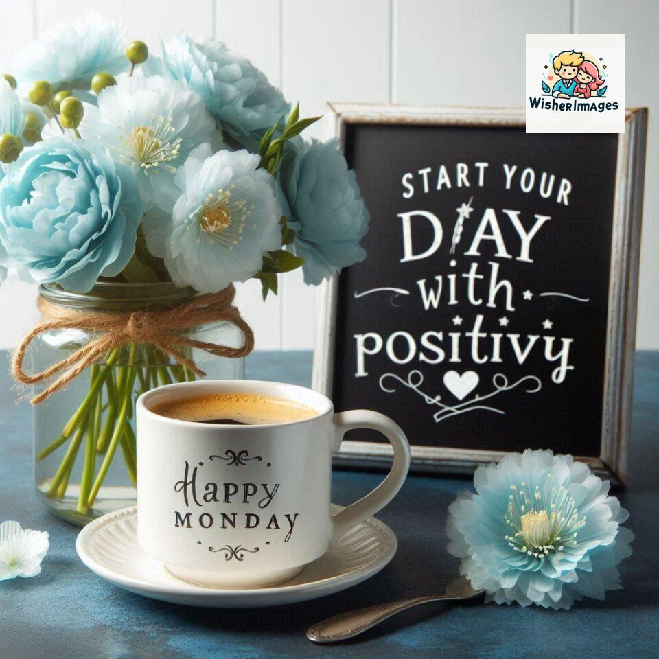 start your day with positivity happy monday blue flowers coffee mug