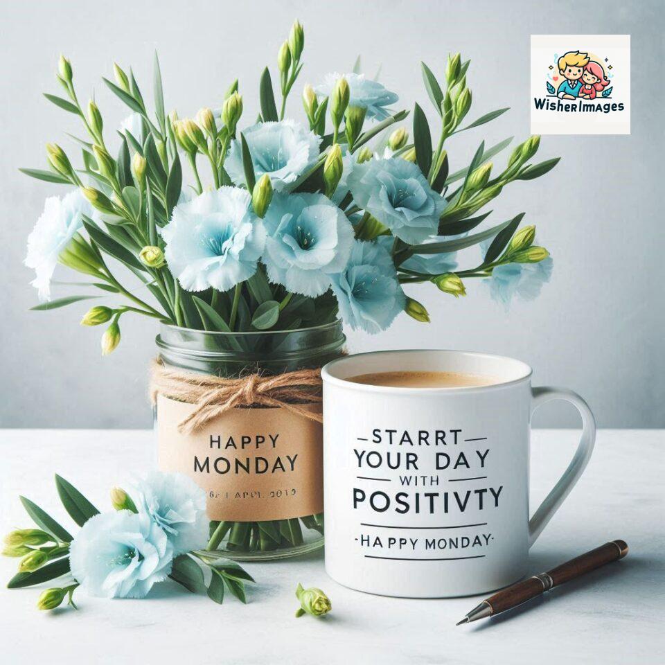 start your day with positivity happy monday blue flowers coffee mug ()