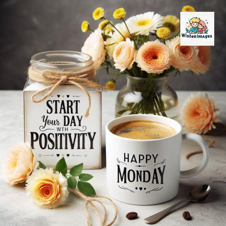 start your day with positivity happy monday blue flowers coffee mug ()