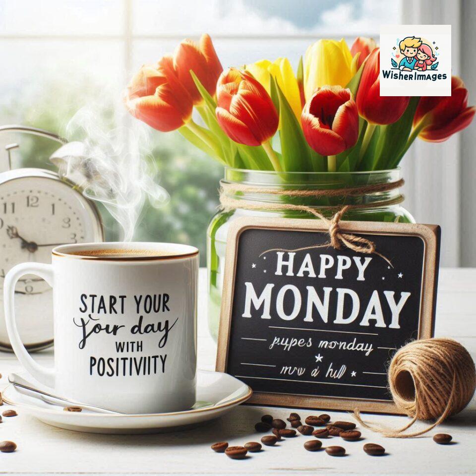 start your day with positivity happy monday blue flowers coffee mug ()