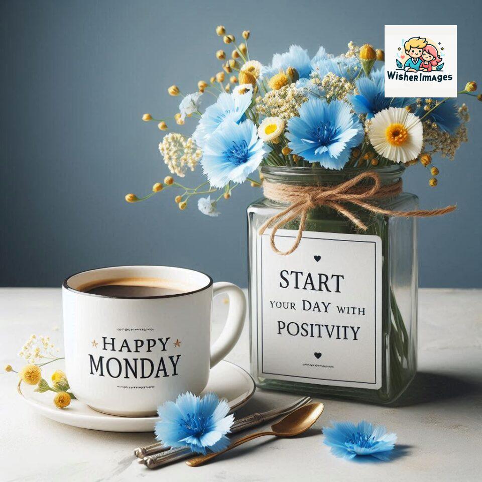 start your day with positivity happy monday blue flowers coffee mug ()