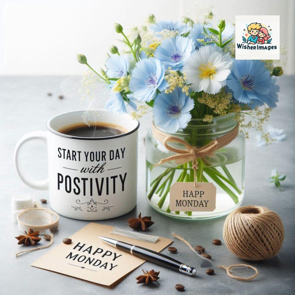 start your day with positivity happy monday blue flowers coffee mug ()