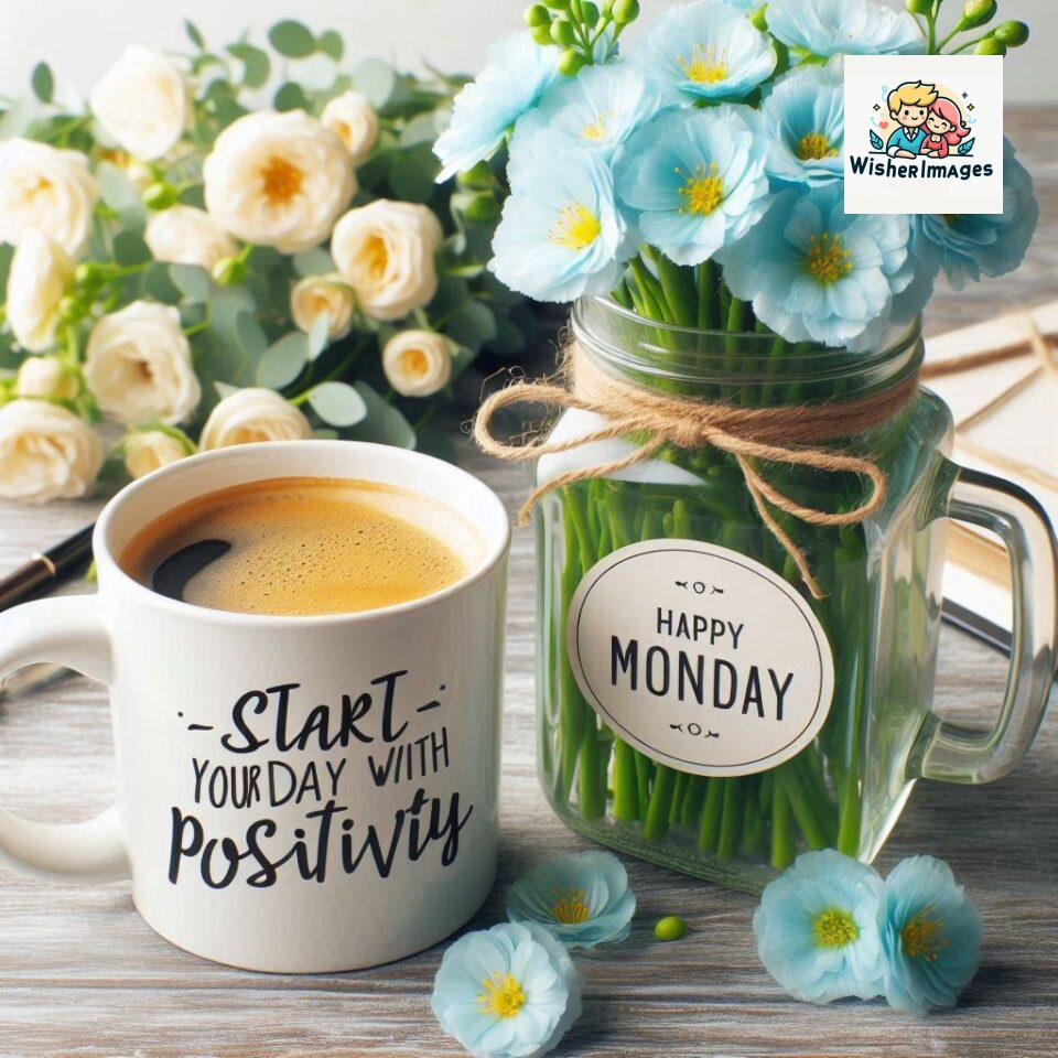 start your day with positivity happy monday blue flowers coffee mug ()